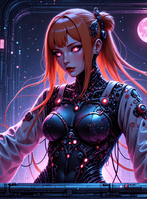 cyborg, woman, robot, neon, cityscape, futuristic, girl, character, anime, urban