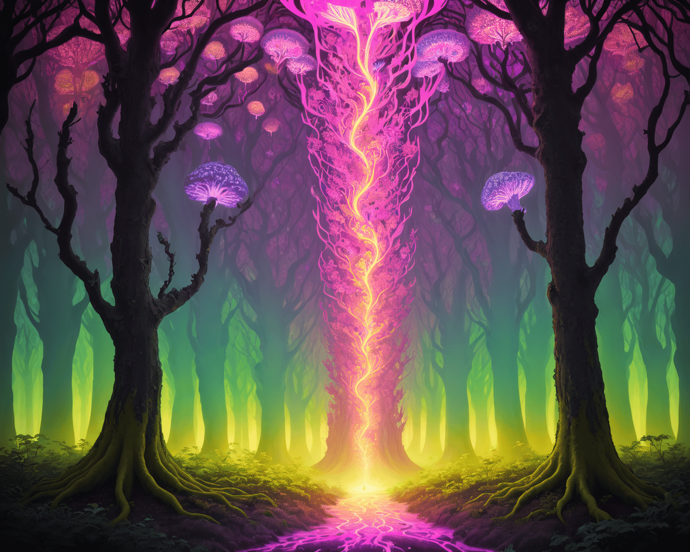 AI generated wallpaper featuring forest, mushrooms, light