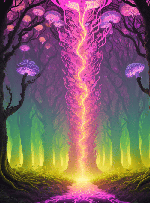 forest, mushrooms, light