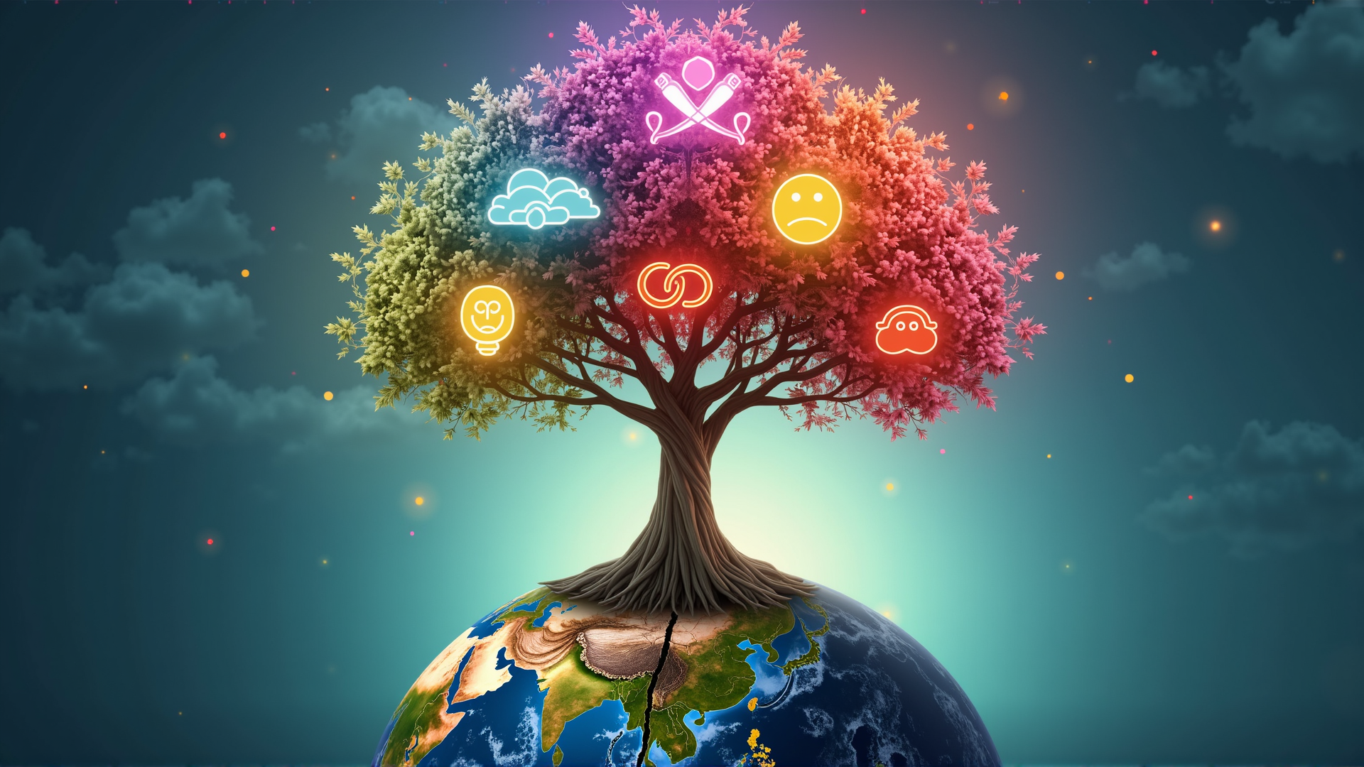 AI generated wallpaper featuring tree, earth, icons