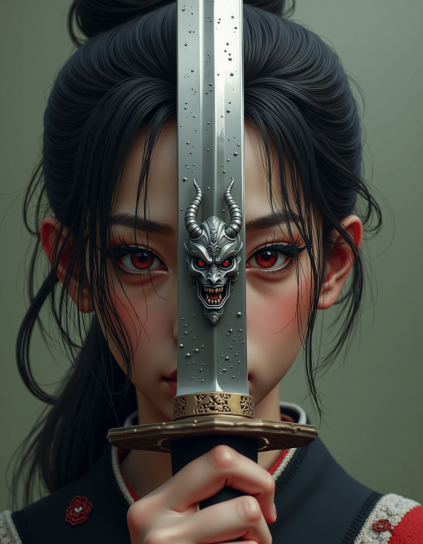 AI generated wallpaper featuring sword, woman, dragon