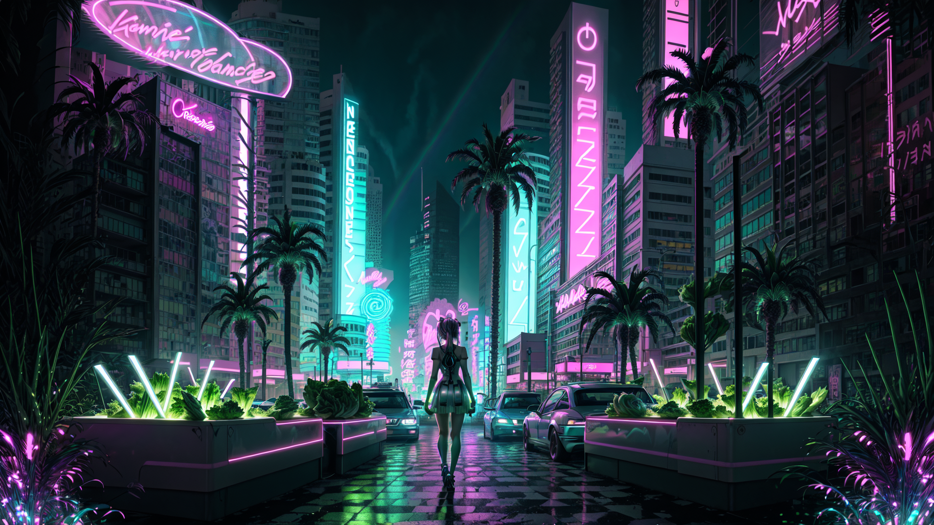 AI generated wallpaper featuring girl, city, neon signs, palm trees, cars, buildings, street, plants