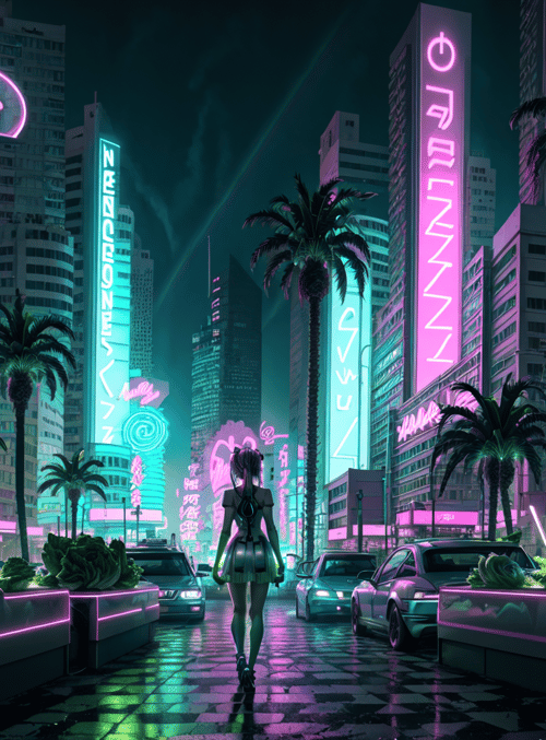 girl, city, neon signs, palm trees, cars, buildings, street, plants