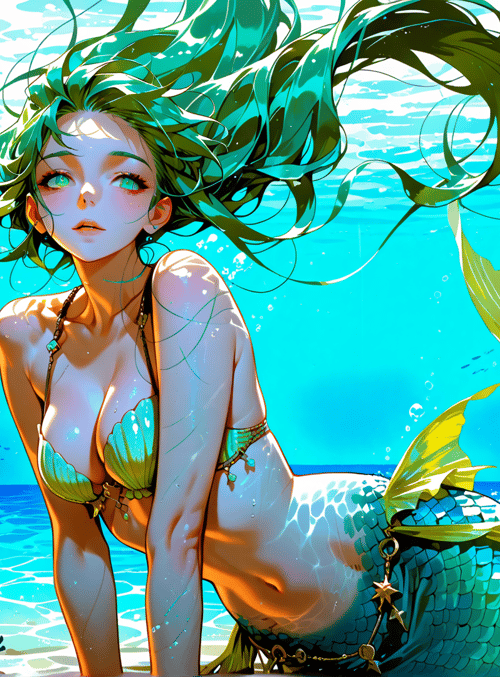 mermaid, fish, coral, seashell, starfish, reef, sunlight, bubbles, underwater, tail
