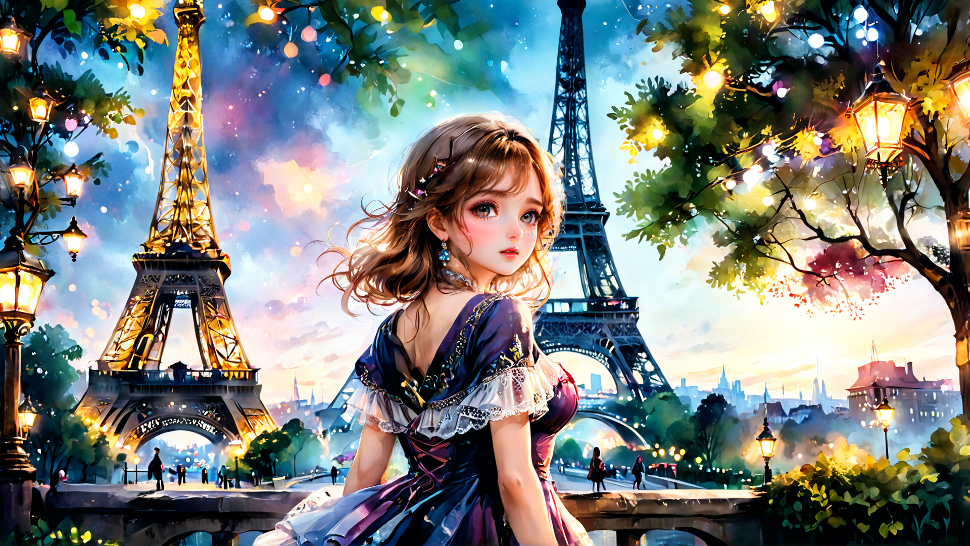 AI generated wallpaper featuring girl, eiffel tower, cityscape