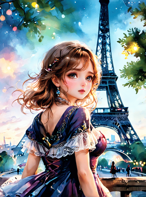 girl, eiffel tower, cityscape