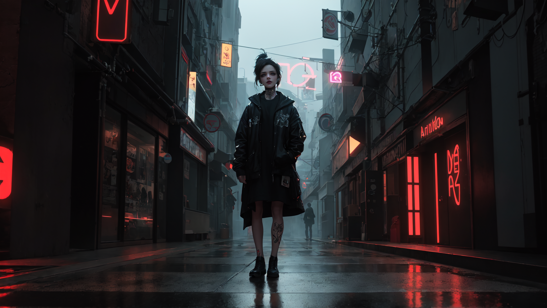 AI generated wallpaper featuring woman, street, neon