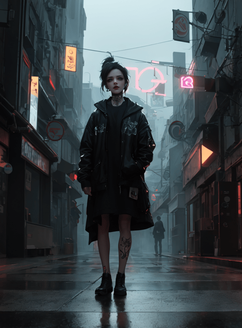 woman, street, neon