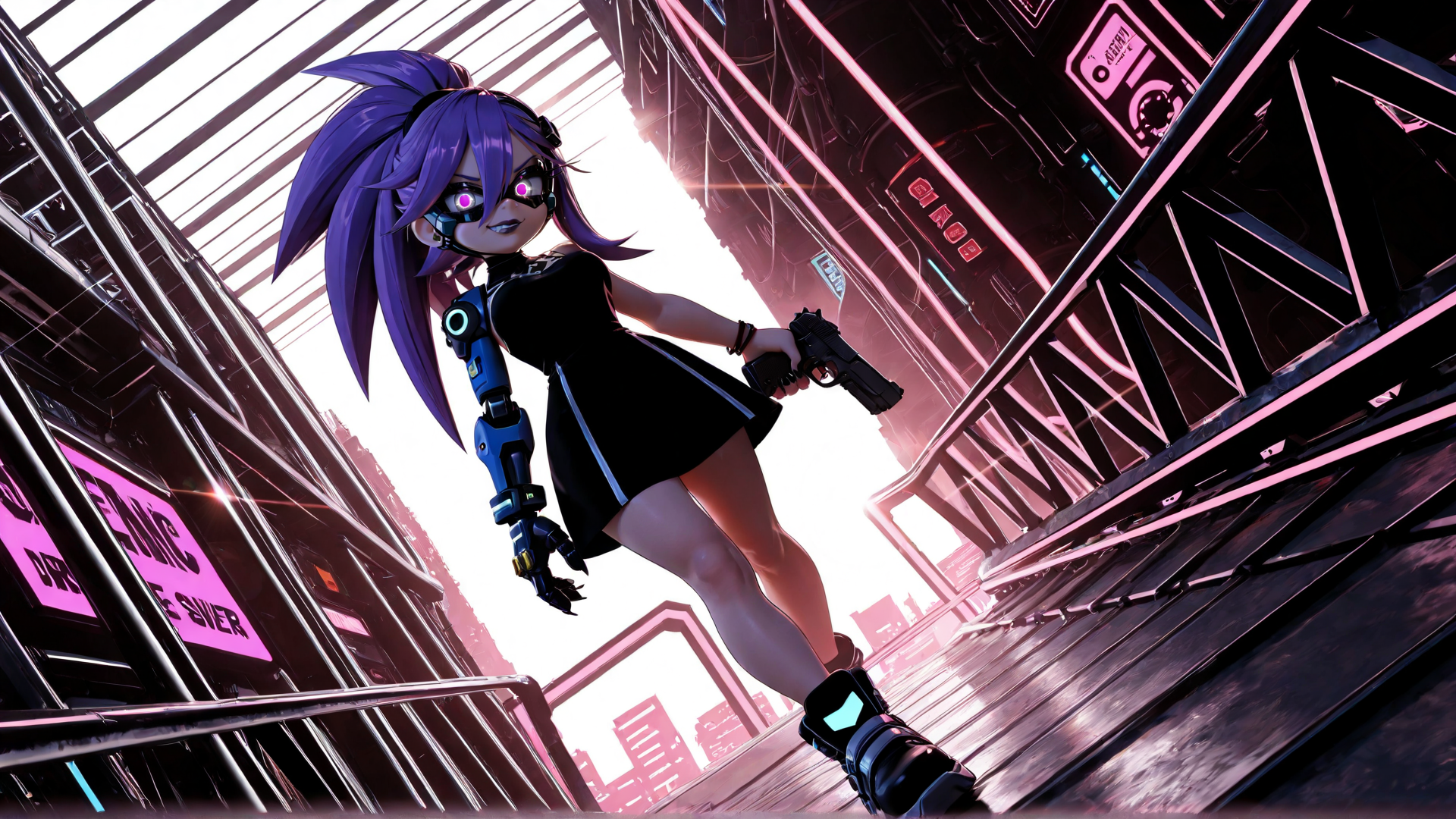 AI generated wallpaper featuring cyberpunk girl, robotic arm, pistol, goggles, dress, neon cityscape