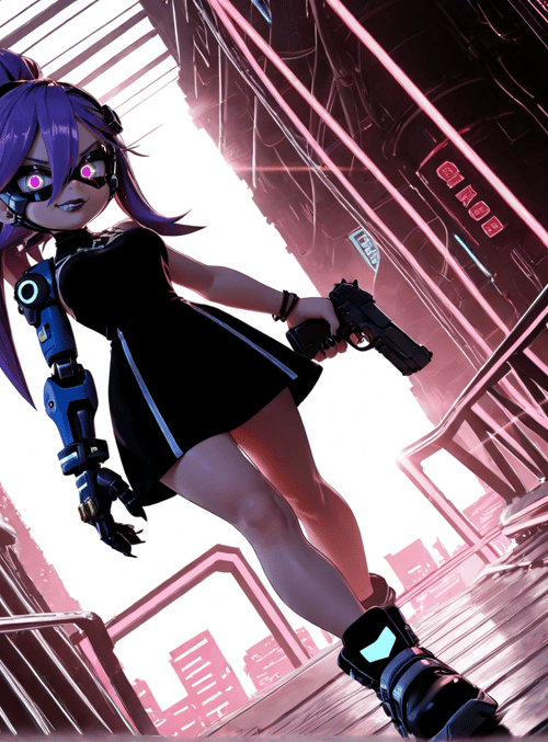 cyberpunk girl, robotic arm, pistol, goggles, dress, neon cityscape