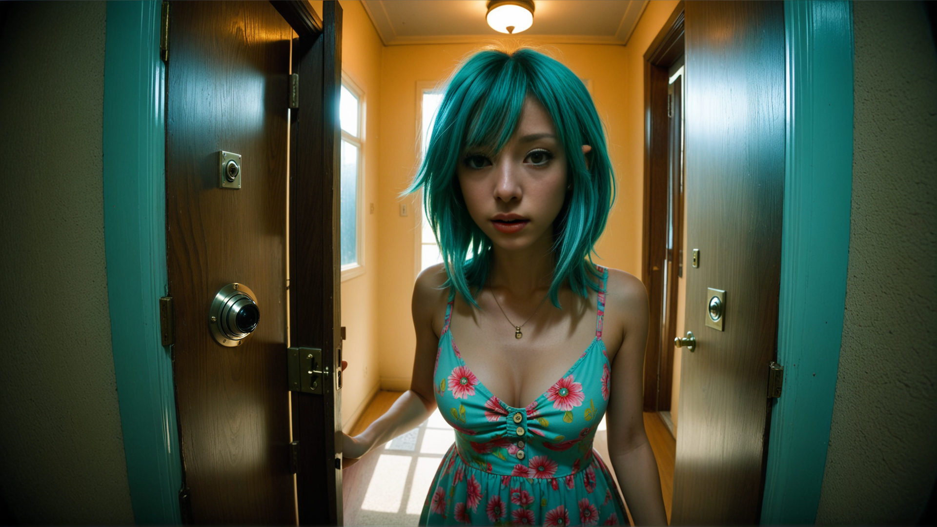 AI generated wallpaper featuring woman, door, dress