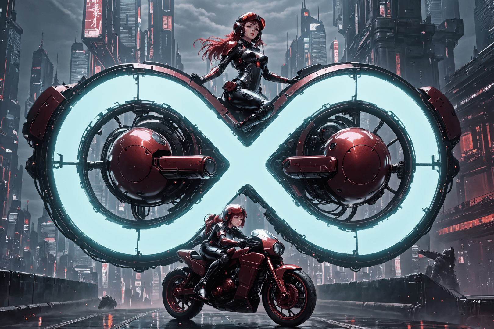 AI generated wallpaper featuring cyborg, motorcycle, cityscape