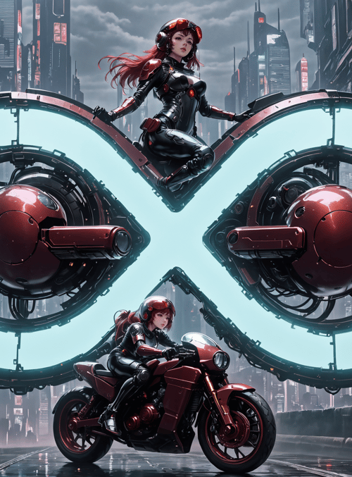cyborg, motorcycle, cityscape
