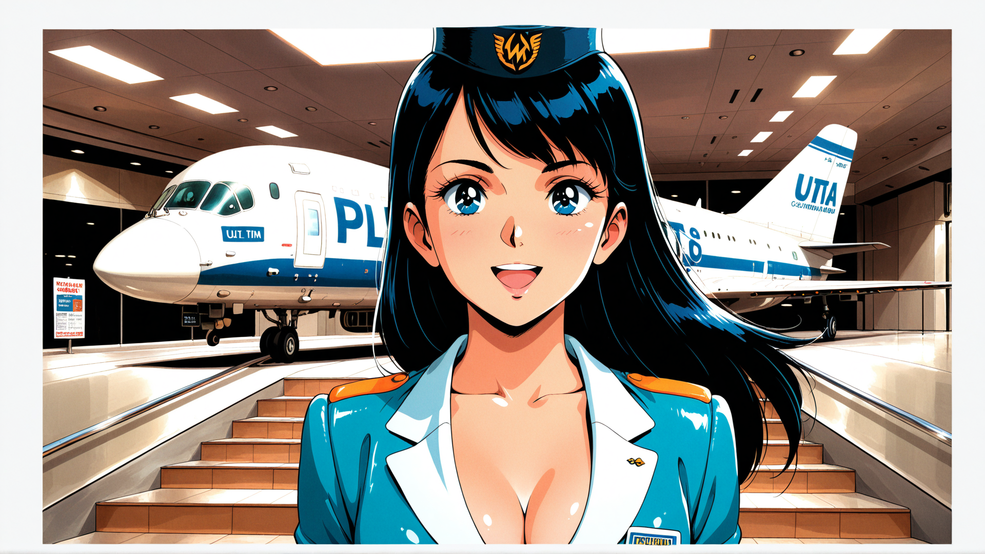 AI generated wallpaper featuring airline, flight attendant, airplane, terminal, staircase