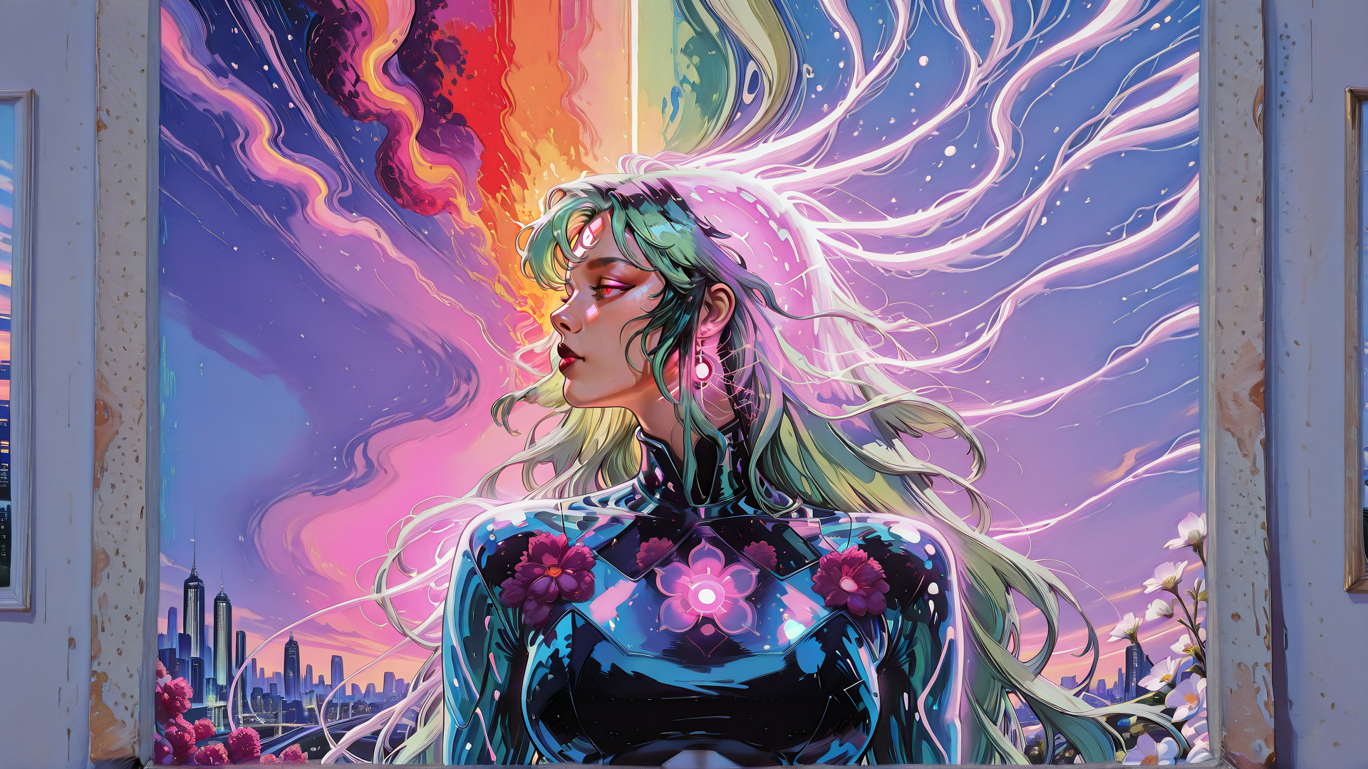 AI generated wallpaper featuring woman, cyberpunk, cityscape, flowers, hair, gears, window, glasses, flowers, neon