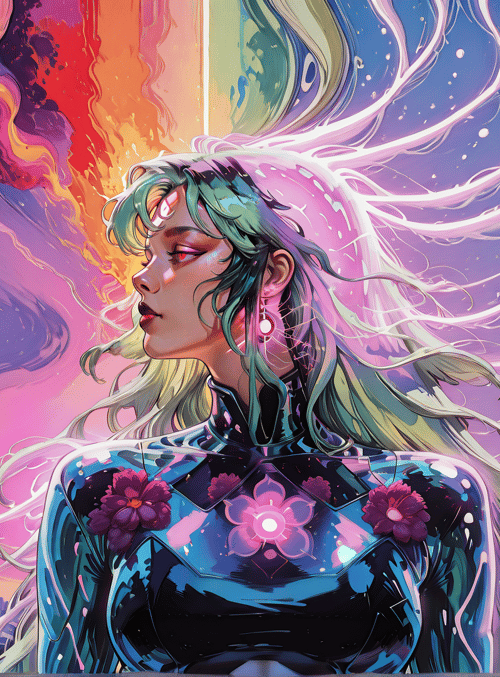 woman, cyberpunk, cityscape, flowers, hair, gears, window, glasses, flowers, neon