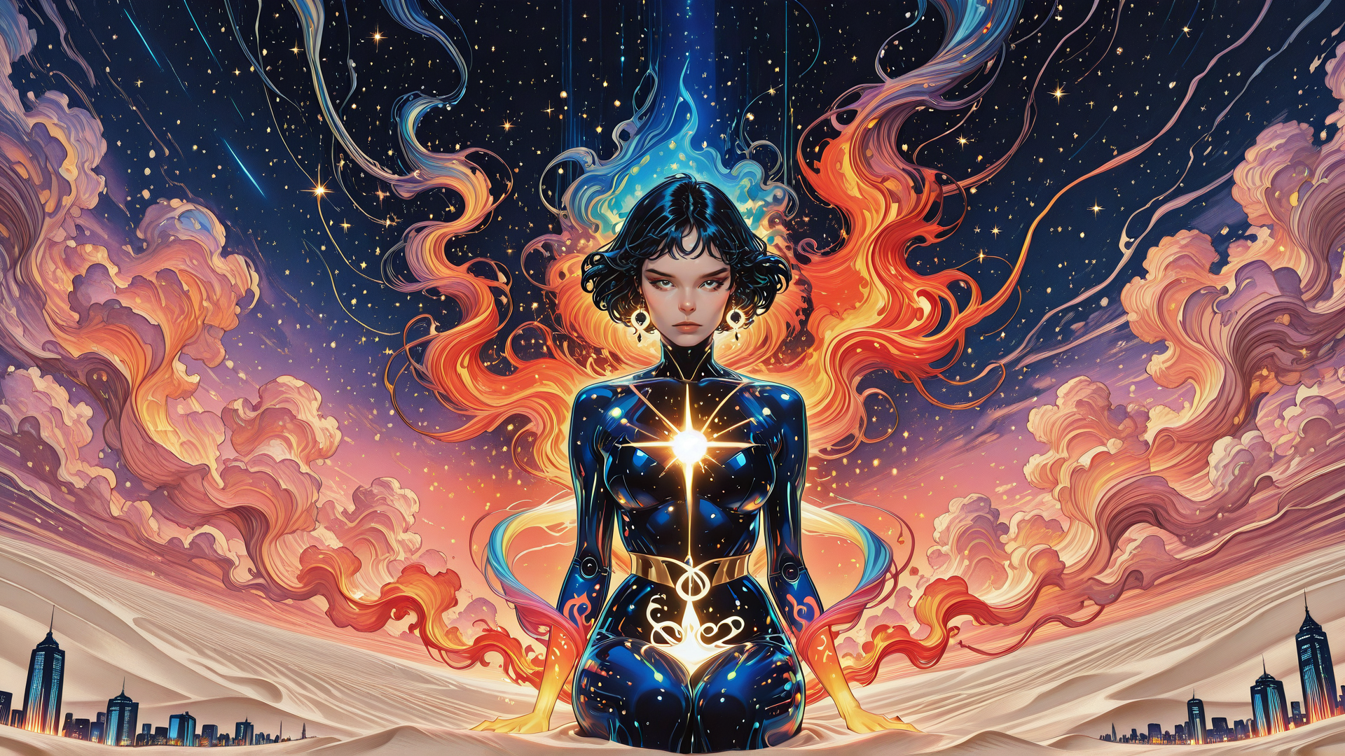 AI generated wallpaper featuring woman, astronaut, cosmic, goddess, stars, clouds, cityscape, energy, light, surreal