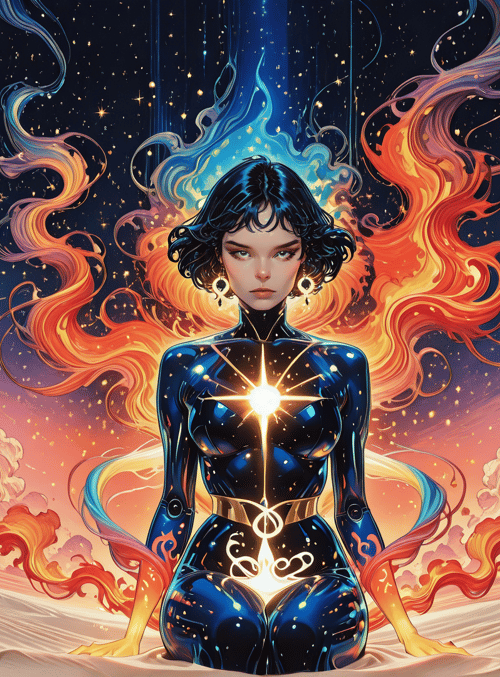 woman, astronaut, cosmic, goddess, stars, clouds, cityscape, energy, light, surreal