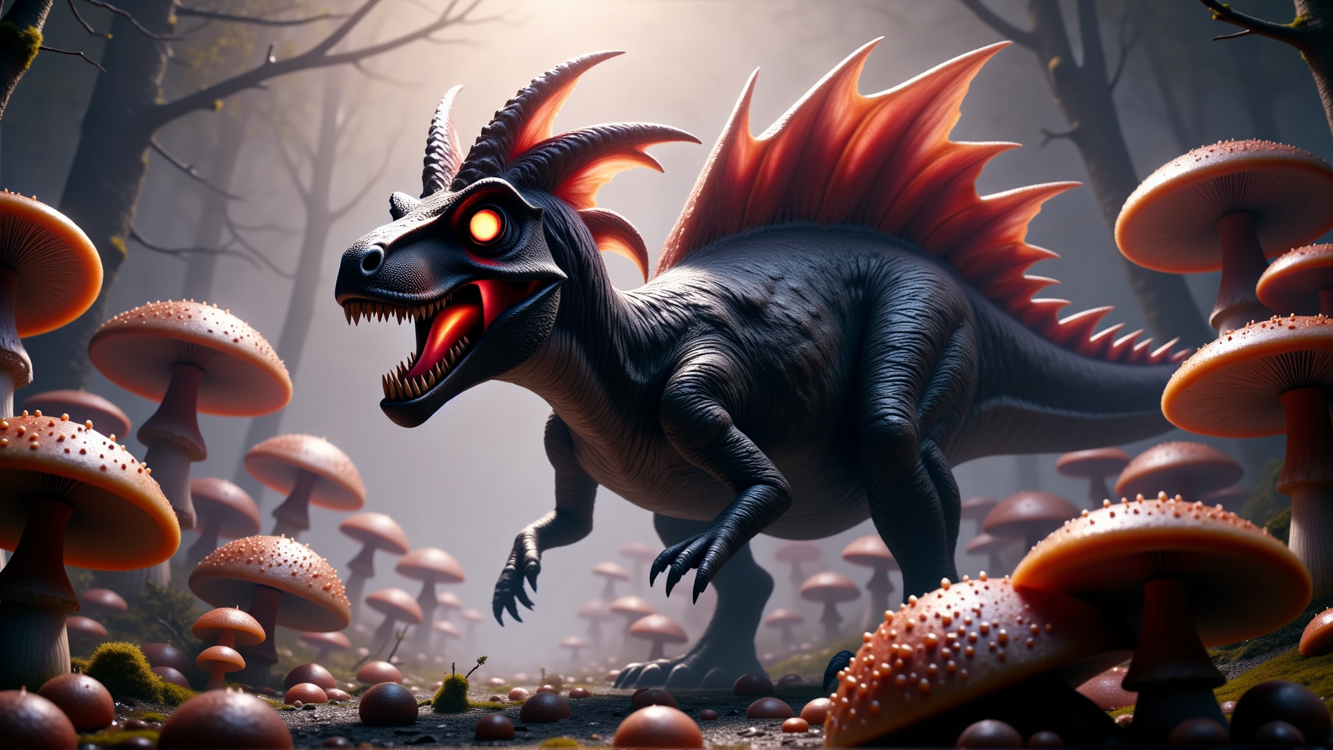 AI generated wallpaper featuring dragon, mushroom, forest, creature