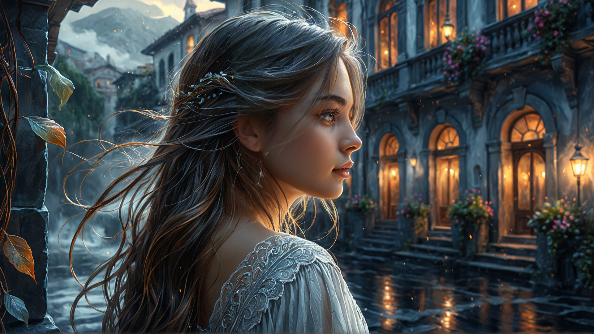 AI generated wallpaper featuring woman, street, building
