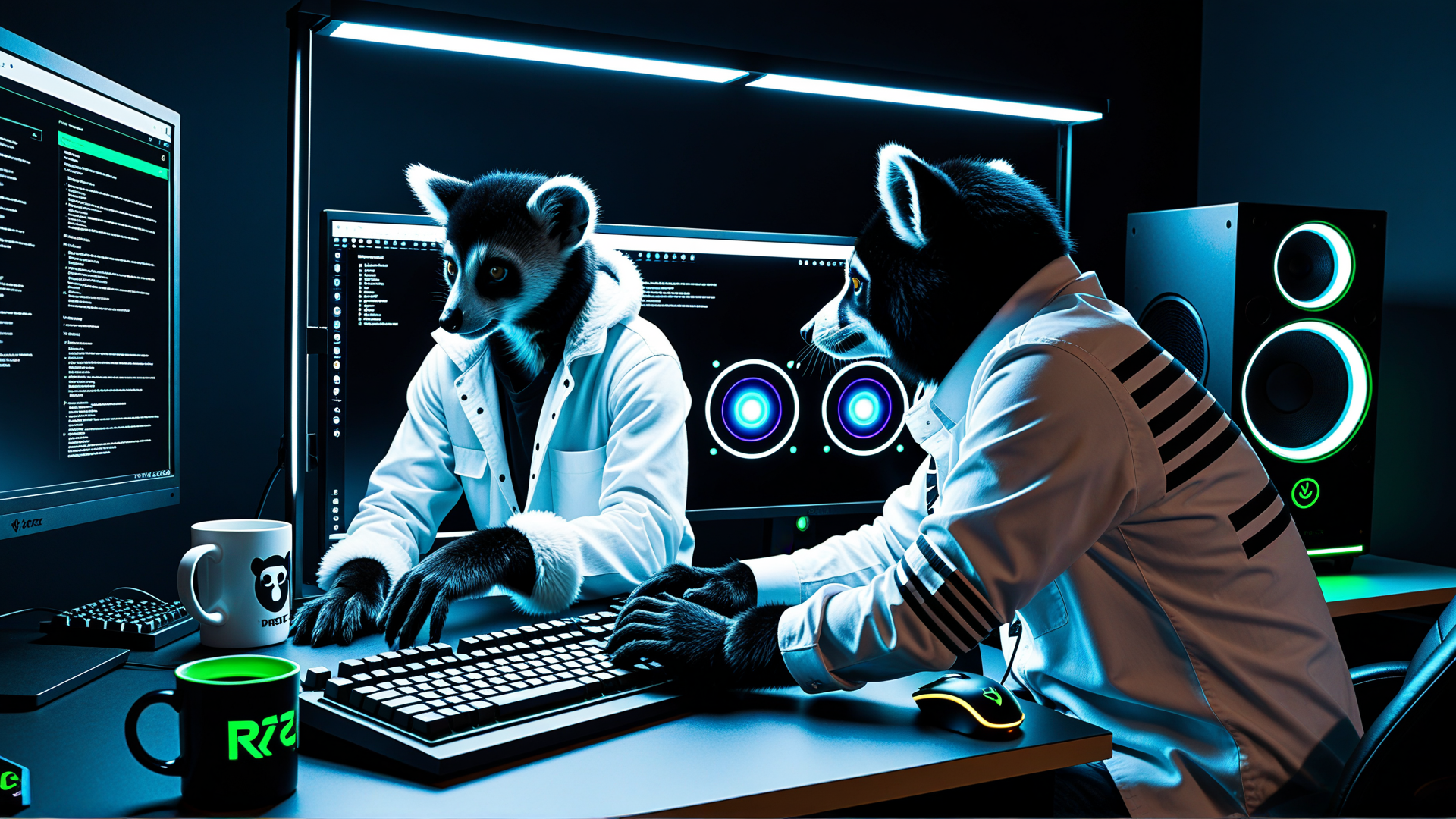 AI generated wallpaper featuring lemur, fox, computer, monitor, keyboard, mouse, speaker, mug, desk, gaming