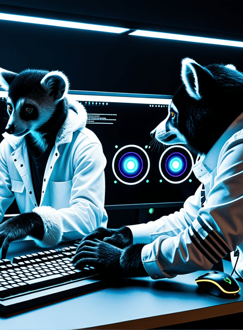 lemur, fox, computer, monitor, keyboard, mouse, speaker, mug, desk, gaming