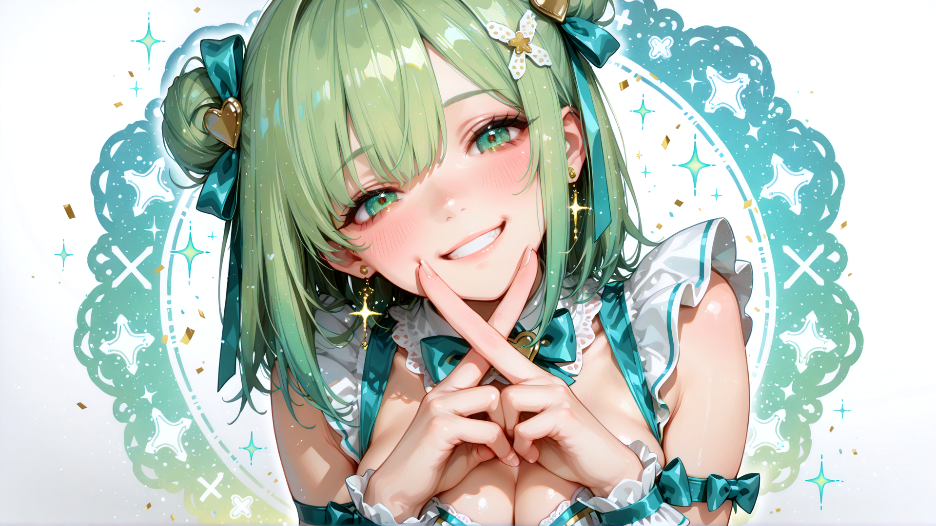 AI generated wallpaper featuring girl, anime, character, maid, green hair, bow, cheer, fingers, dress, sparkles