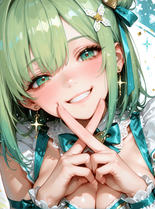 girl, anime, character, maid, green hair, bow, cheer, fingers, dress, sparkles