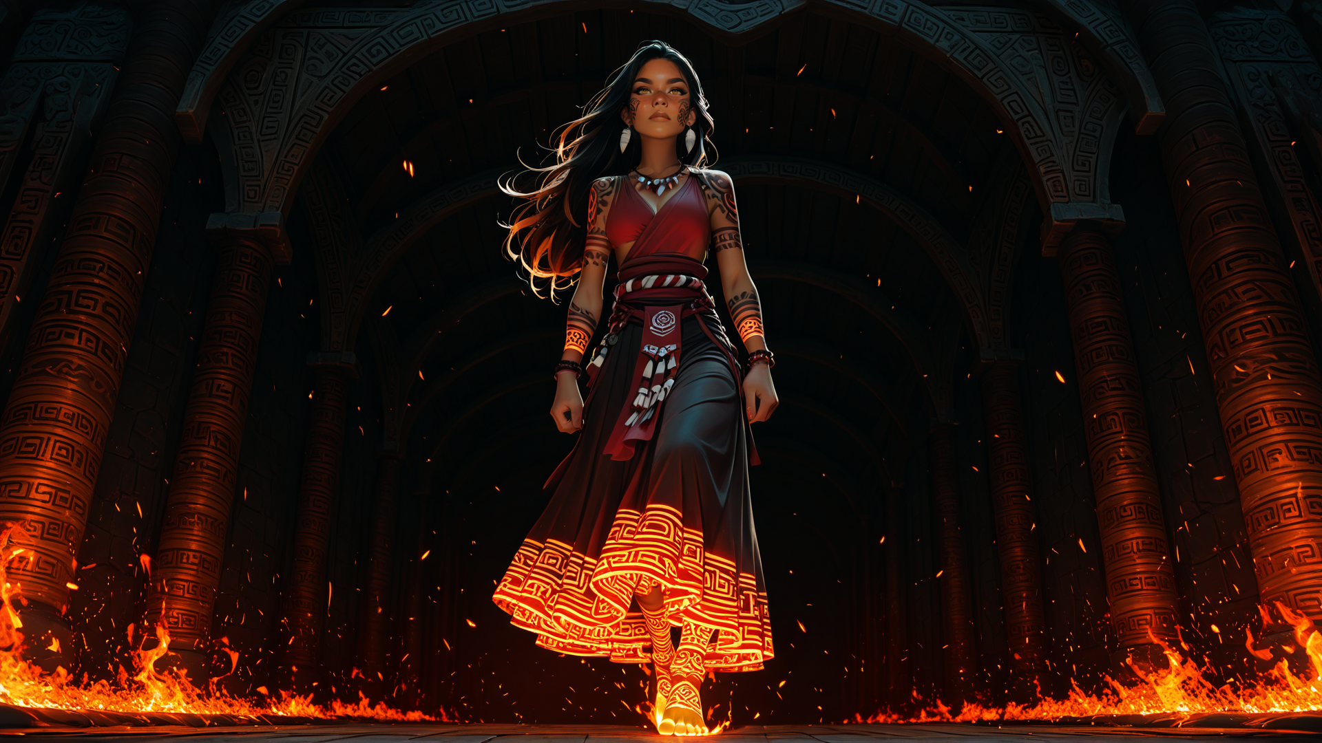 AI generated wallpaper featuring woman, ancient, tribal, warrior, fire