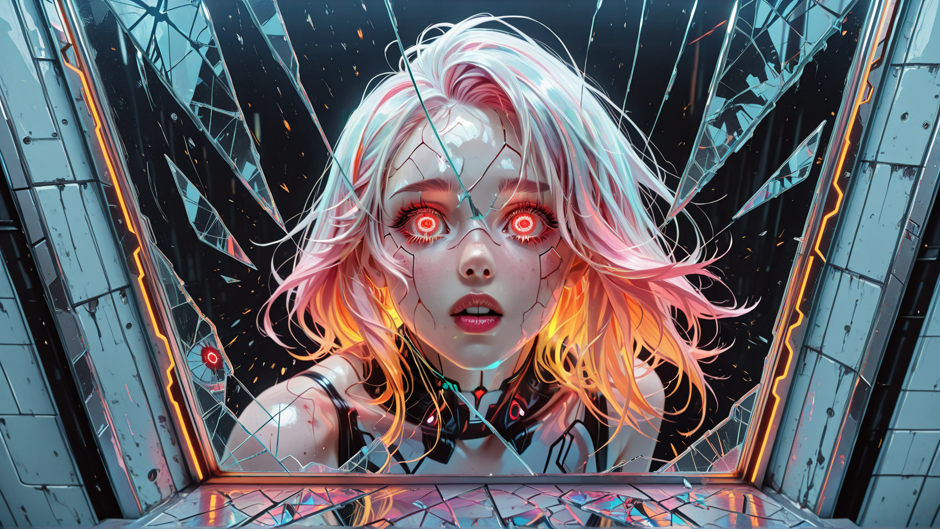 AI generated wallpaper featuring cyborg, woman, glass, robot, neon