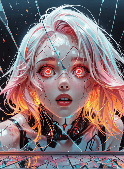 cyborg, woman, glass, robot, neon
