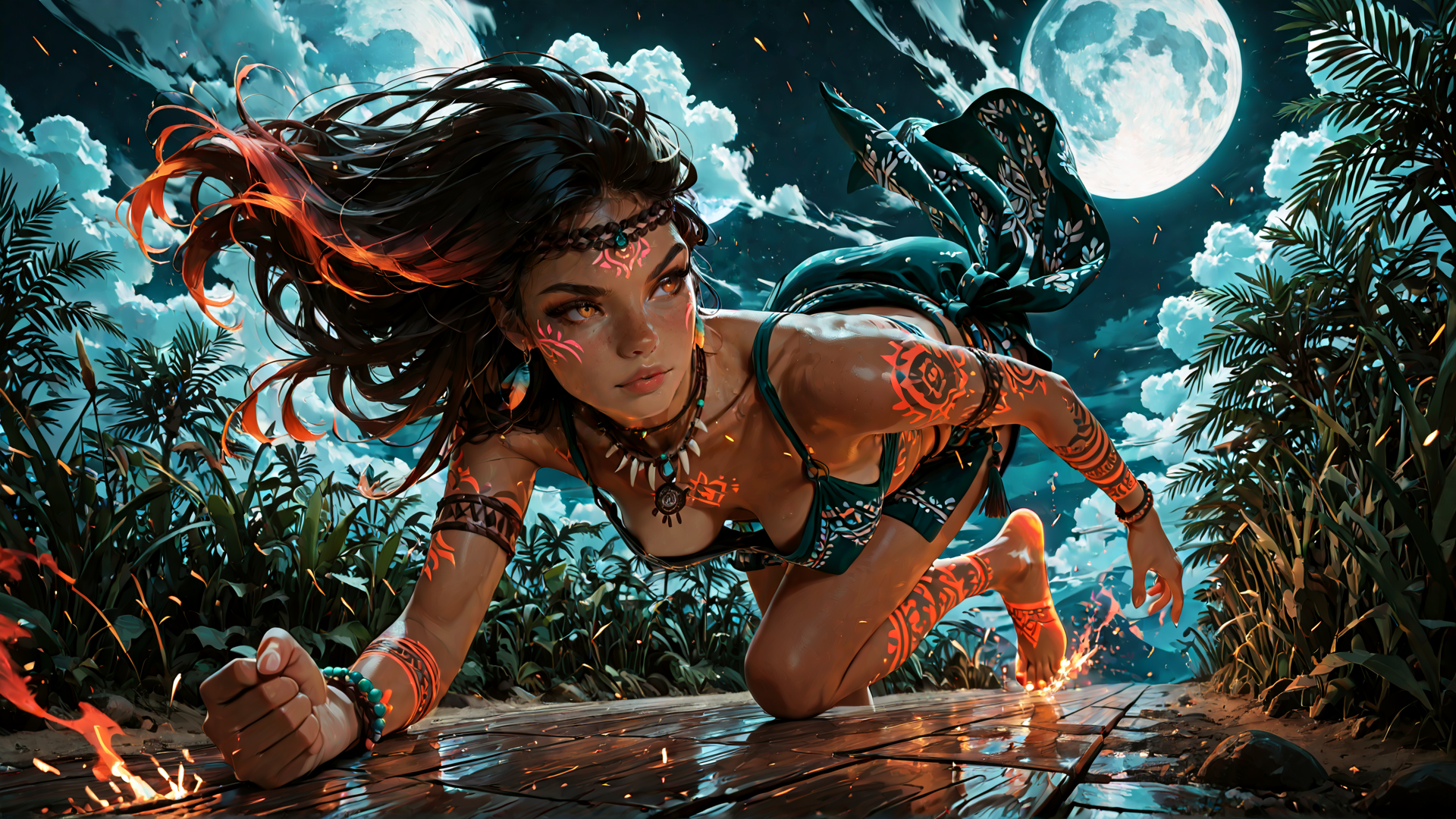 AI generated wallpaper featuring woman, indigenous, tattoo, jungle, moon, fire, palm tree, necklace, bracelet, sand
