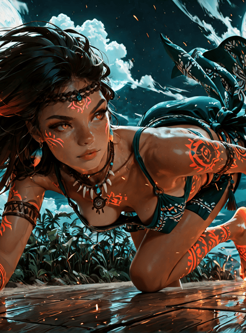woman, indigenous, tattoo, jungle, moon, fire, palm tree, necklace, bracelet, sand