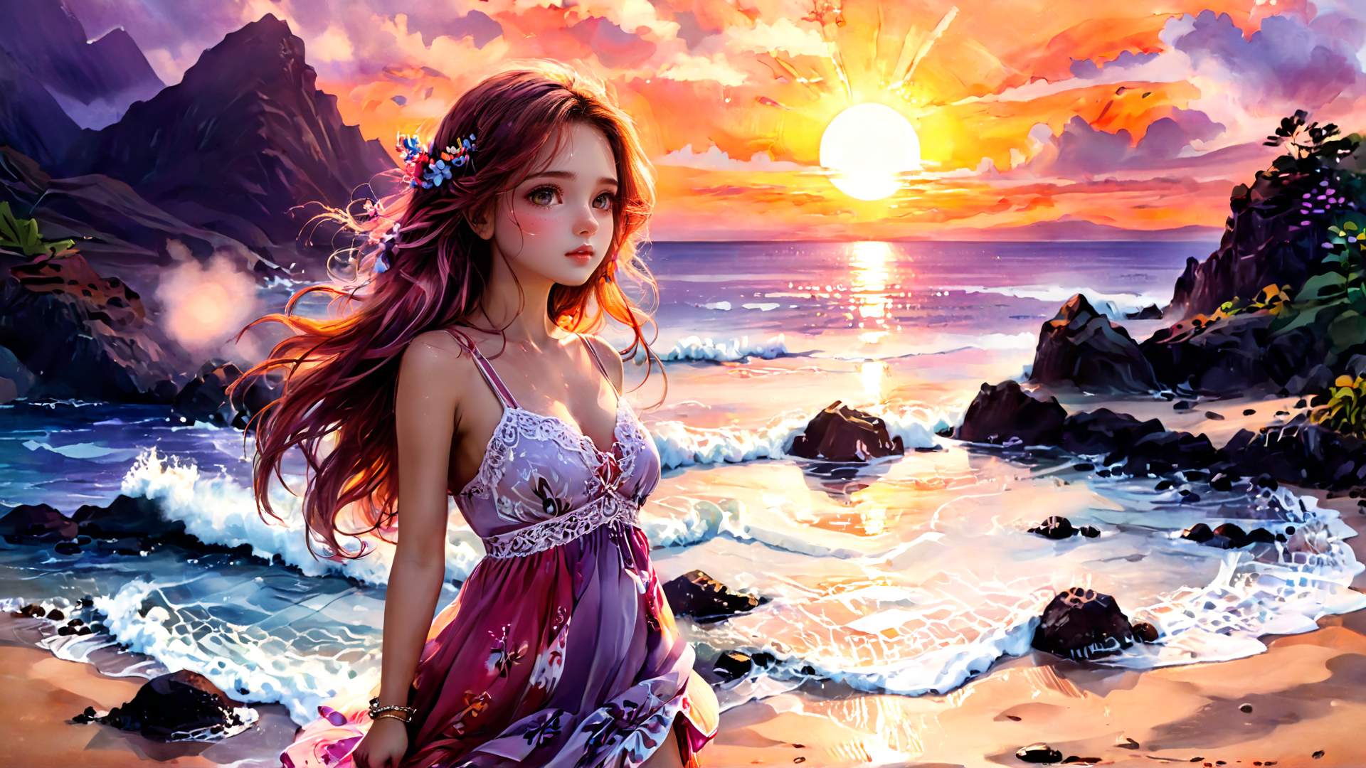 AI generated wallpaper featuring woman, beach, sunset