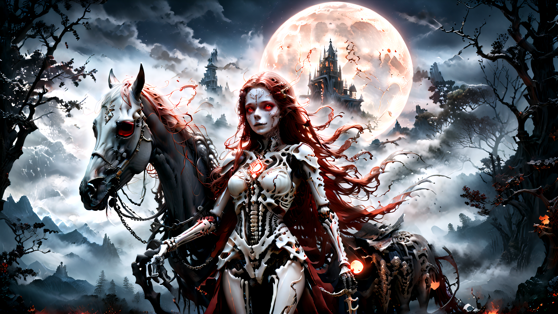 AI generated wallpaper featuring skeleton woman, skeleton horse, full moon, castle, trees