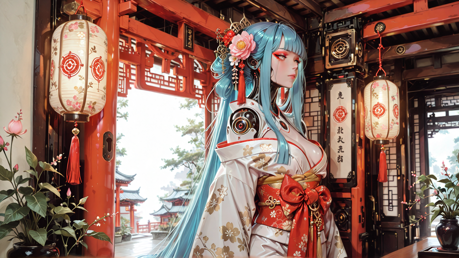 AI generated wallpaper featuring cyborg, geisha, lantern, traditional, building, flower, kimono, hair, chinese, mechanical