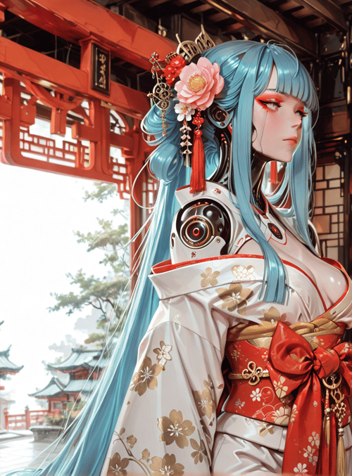 cyborg, geisha, lantern, traditional, building, flower, kimono, hair, chinese, mechanical
