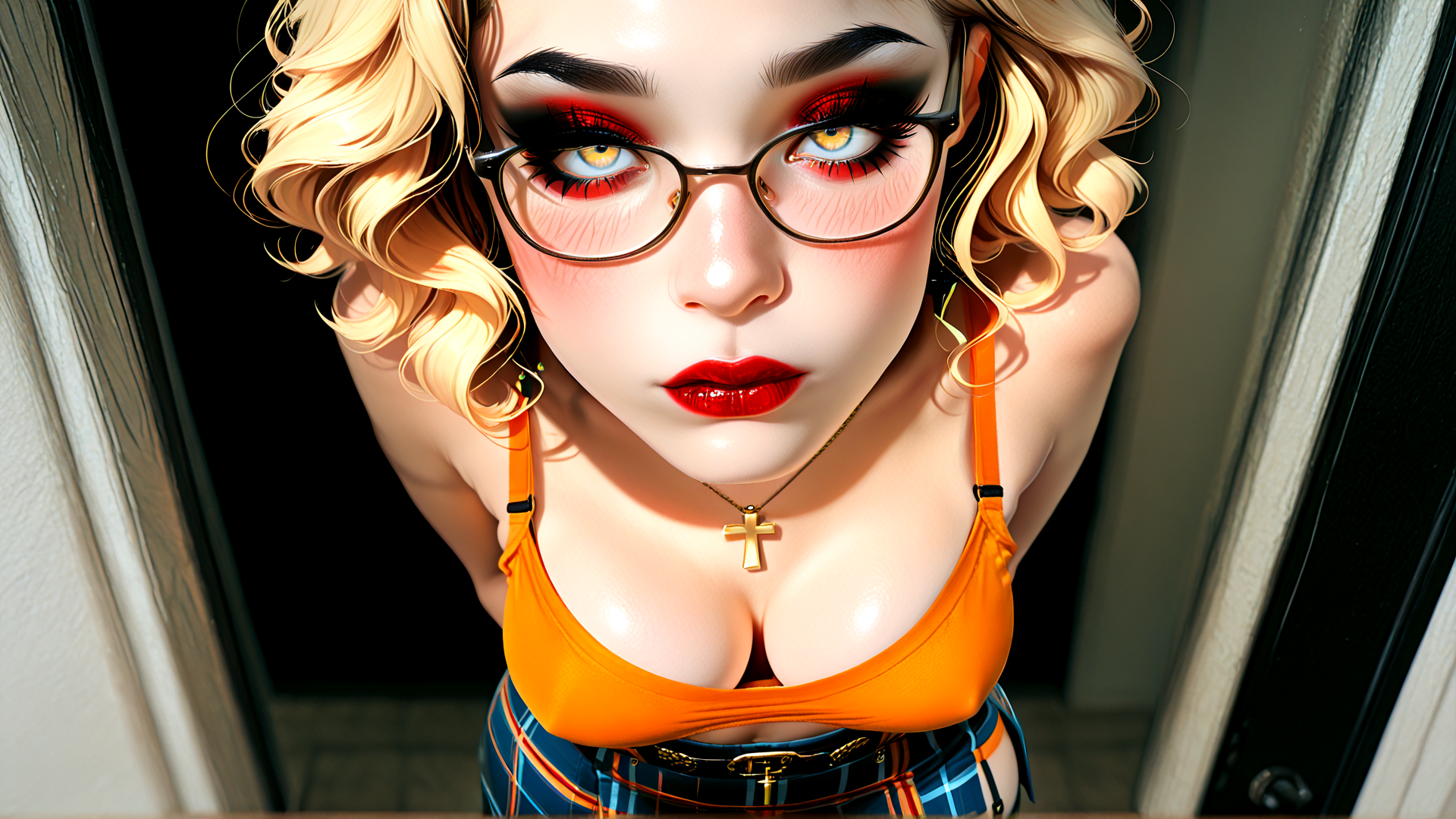 AI generated wallpaper featuring woman, blonde, glasses, top, necklace, cross