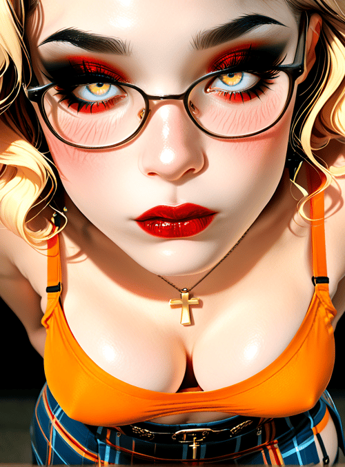 woman, blonde, glasses, top, necklace, cross