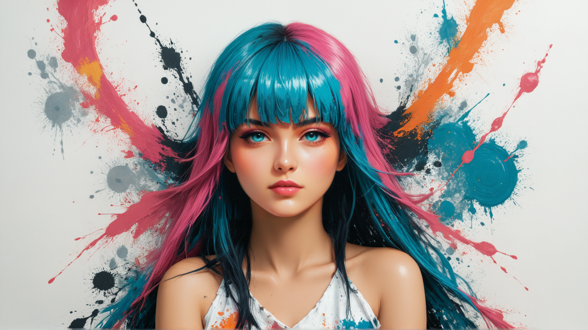 AI generated wallpaper featuring woman, hair, splotch, artwork, paint