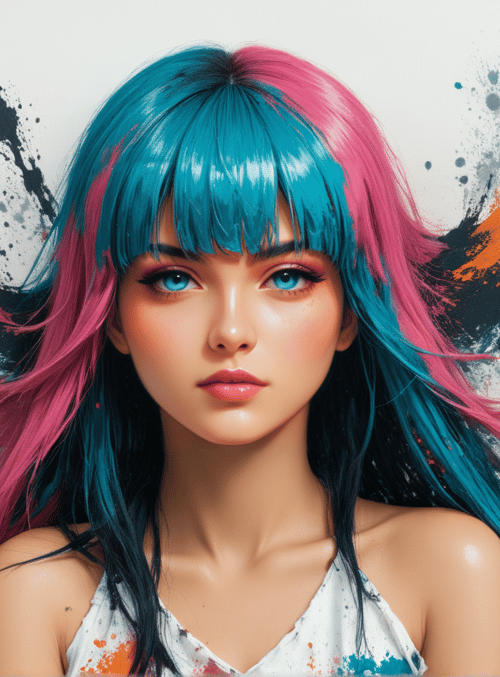 woman, hair, splotch, artwork, paint
