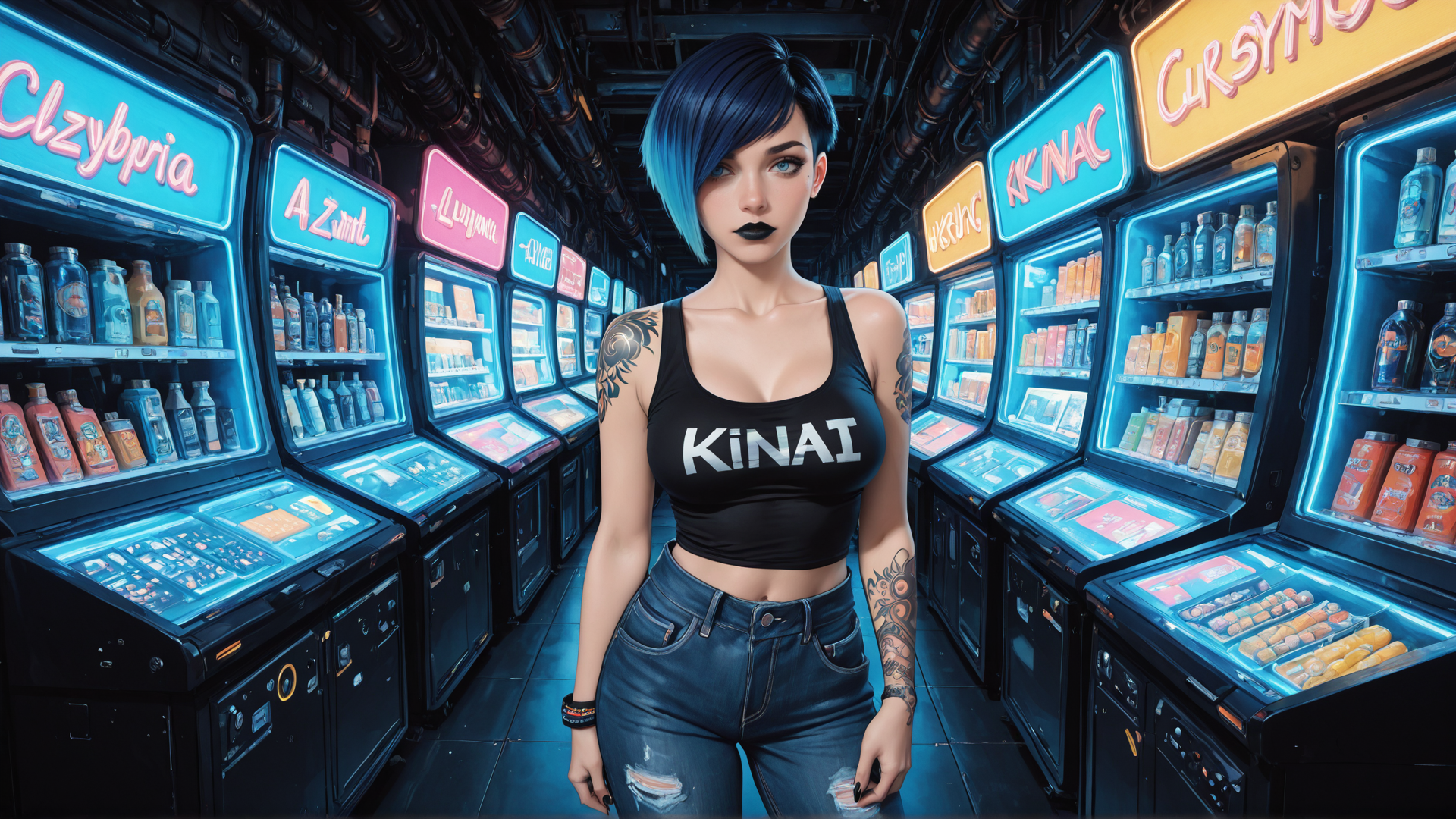 AI generated wallpaper featuring woman, vending machine, tattoo, jeans, tank top, neon sign, blue hair, candy, bottles, futuristic