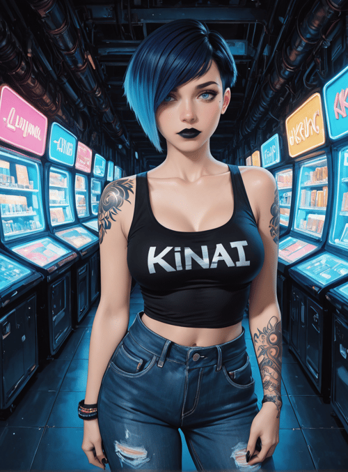 woman, vending machine, tattoo, jeans, tank top, neon sign, blue hair, candy, bottles, futuristic