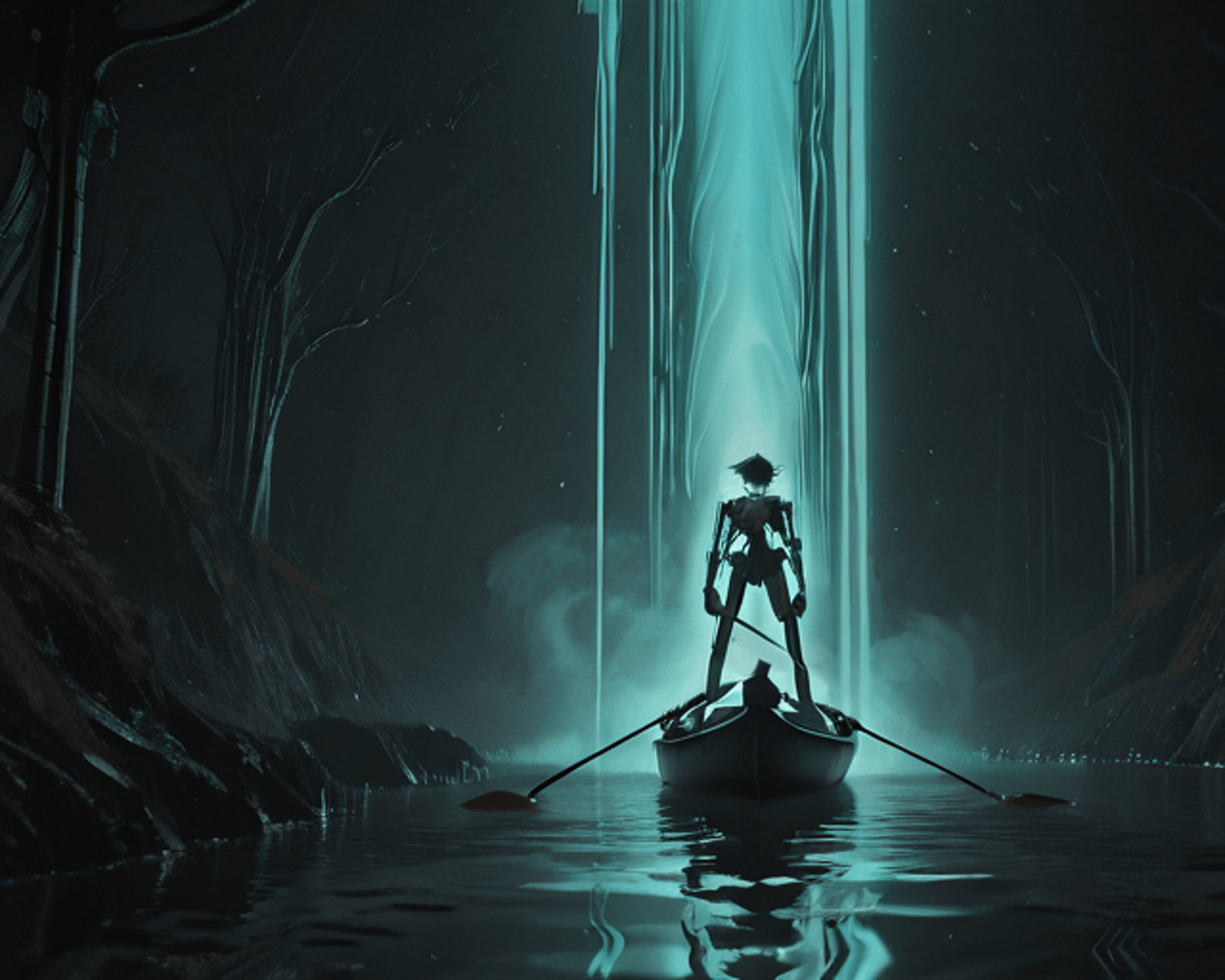 AI generated wallpaper featuring robot, boat, waterfall