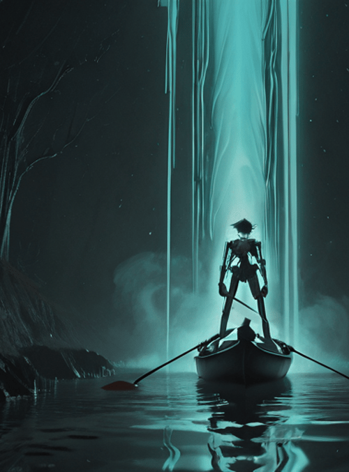 robot, boat, waterfall