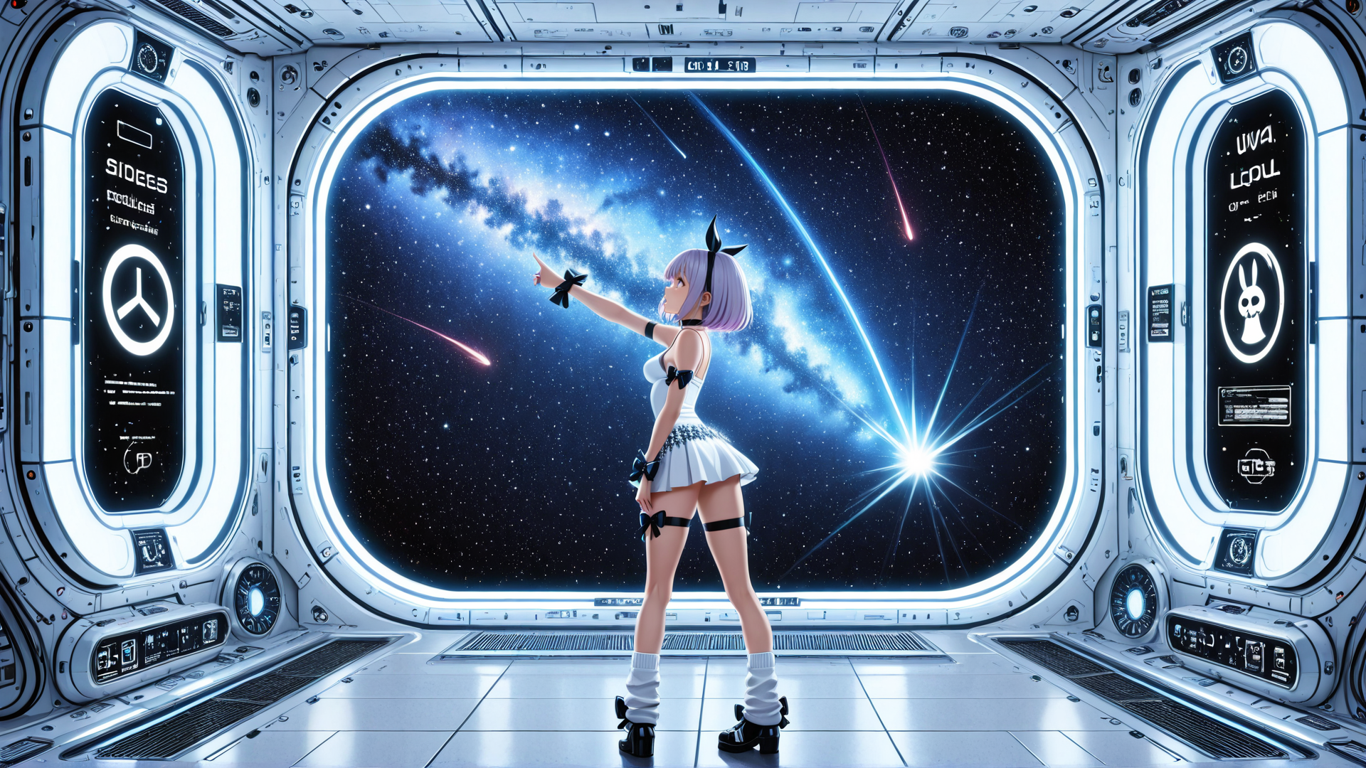 AI generated wallpaper featuring anime girl, space station, galaxy, spaceship, cosmic view
