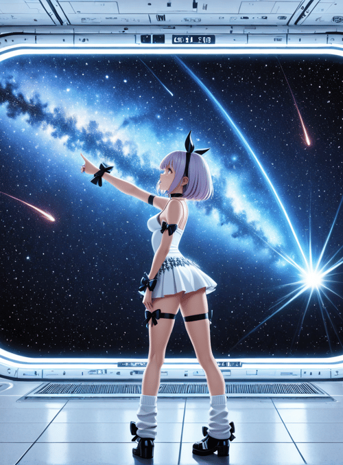 anime girl, space station, galaxy, spaceship, cosmic view