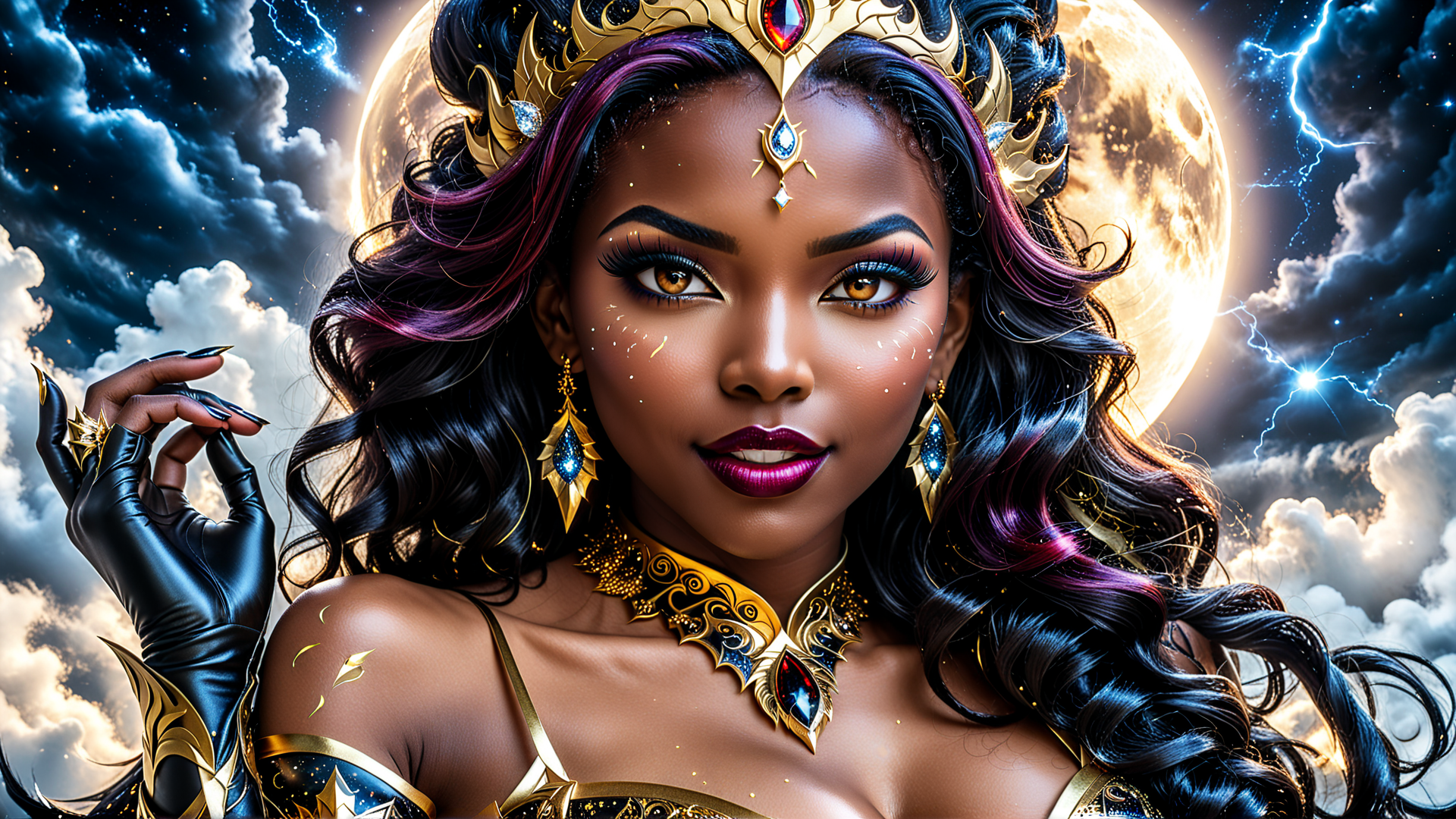 AI generated wallpaper featuring woman, queen, goddess, fashion, jewelry, gloves, moon, clouds, lightning