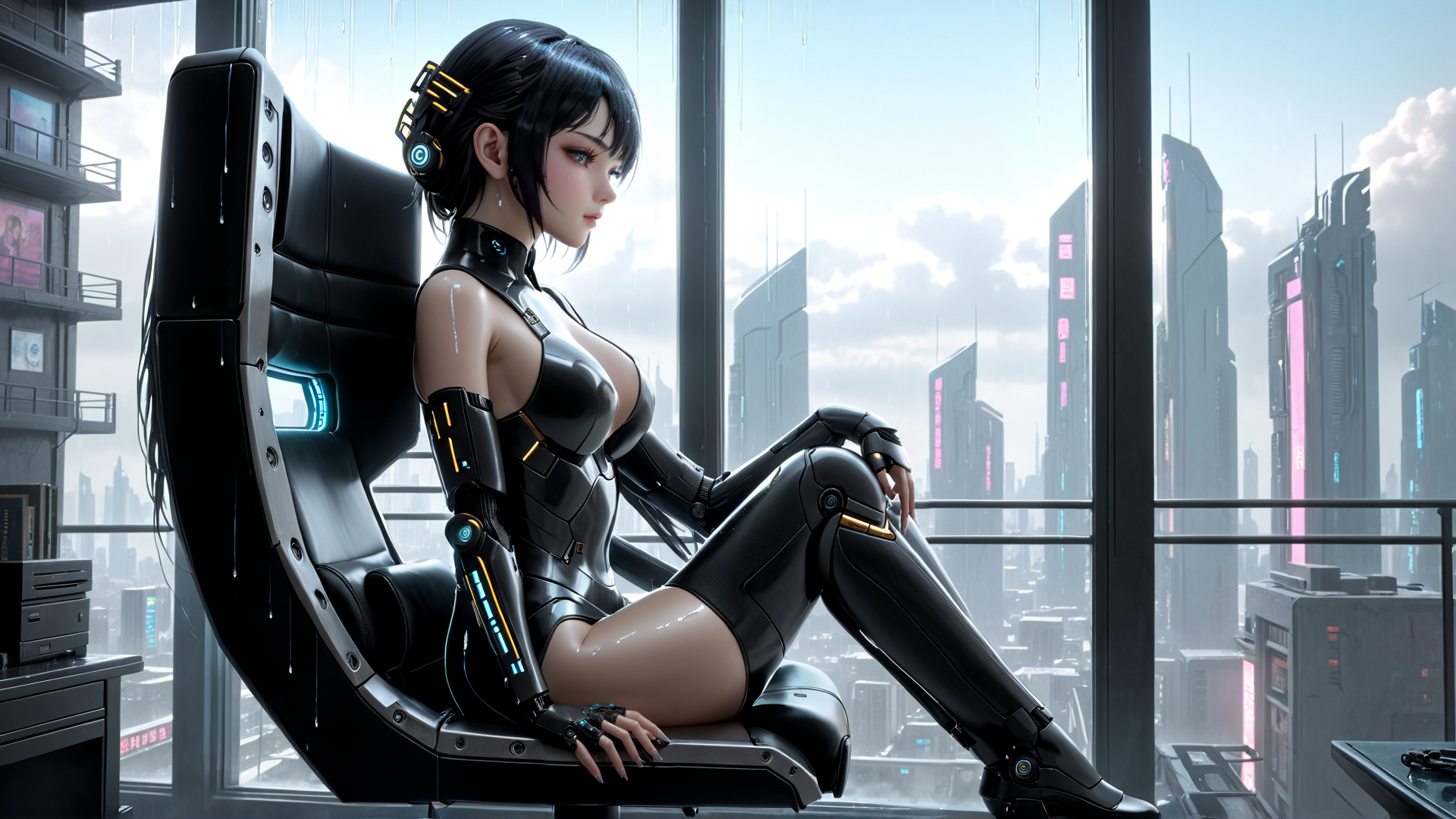 AI generated wallpaper featuring cyborg, woman, chair