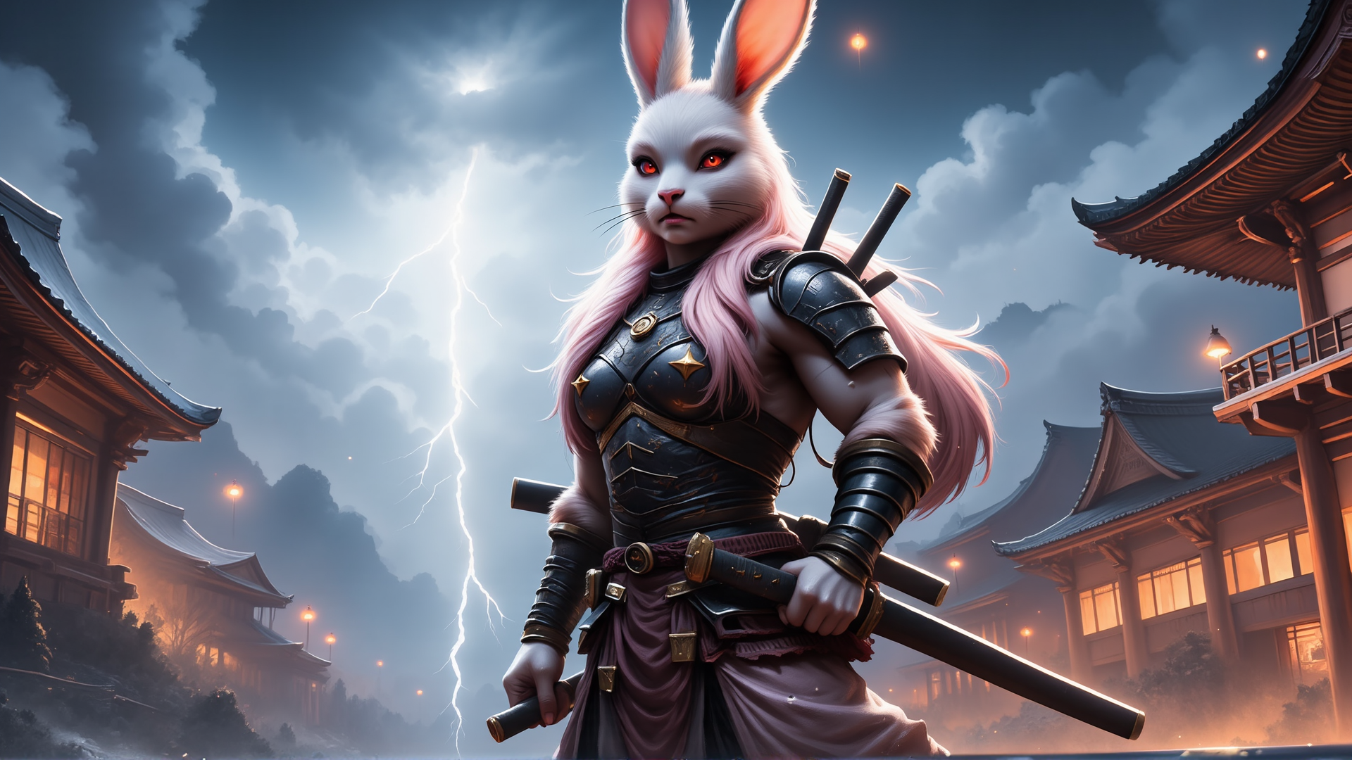 AI generated wallpaper featuring rabbit, samurai, armor, swords, traditional, building, lightning, hair